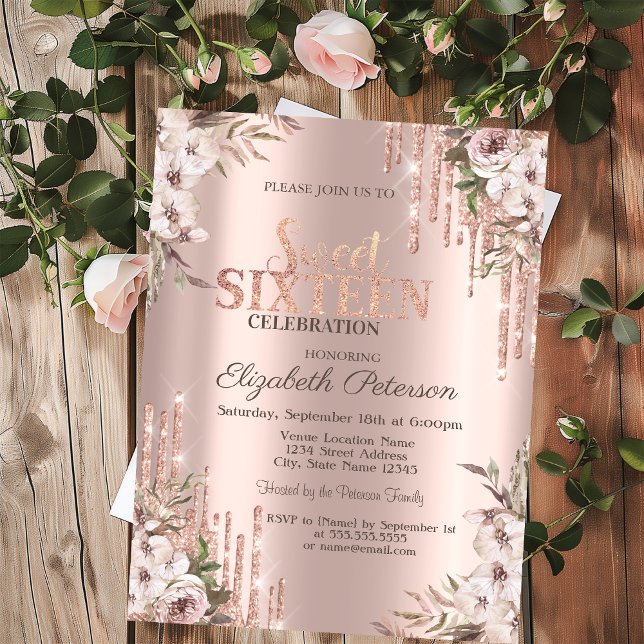 Glitter Drips Rose Gold Boho Blommor Sweet 16  Inbjudningar (Skapare uppladdad)