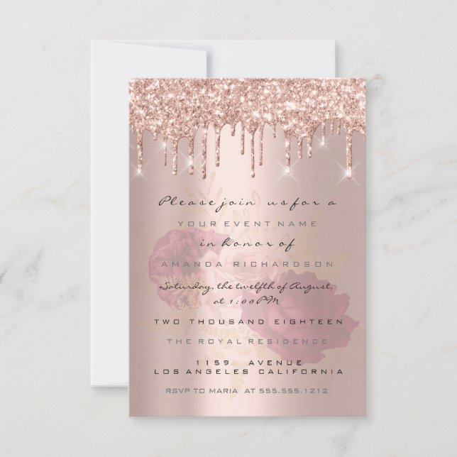 Glitter Drips Rose Gold  Bridal Sweet 16 Marsala Inbjudningar (Framsida)