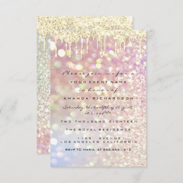 Glitter Drips Rose Gold Bröllop Sweet 16 Lux Inbjudningar (Fram/baksida)