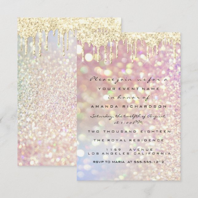 Glitter Drips Rose Gold  Bröllop Sweet 16th Lyx Inbjudningar (Fram/baksida)