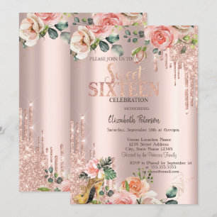 Glitter Drips Rose Gold Höga Klackar Rosor Sweet 1 Inbjudningar