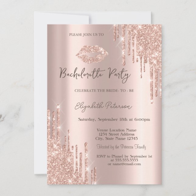 Glitter Drips Rose Gold Läppar Sjungning Avskedspa Inbjudningar (Framsida)