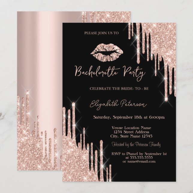 Glitter Drips Rose Gold Läppar Svart Inbjudningar (Fram/baksida)