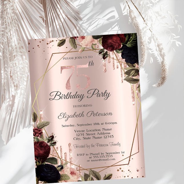 Glitter Drips Rose Gold Mörka Blommor 75:e Inbjudningar (Skapare uppladdad)
