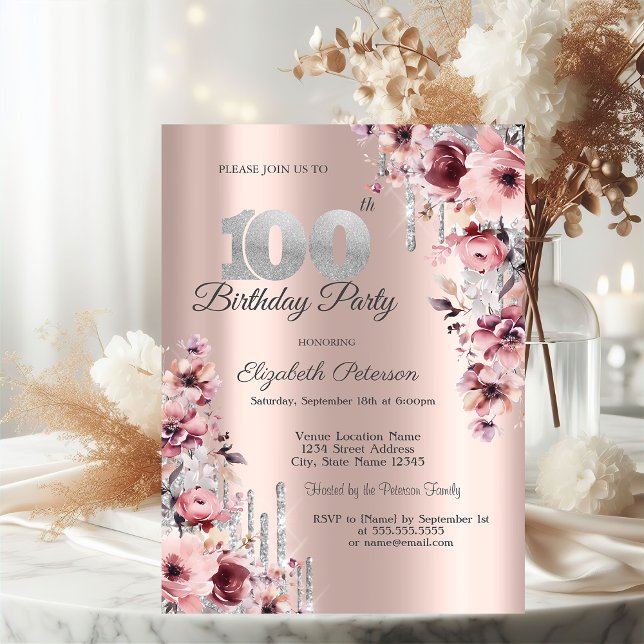 Glitter Drips Rose Gold Rosa Blommig 100:e  Inbjudningar (Skapare uppladdad)