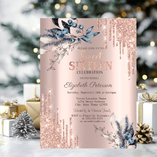 Glitter Drips Rose Gold Vinter Blommor Sweet 16 Inbjudningar