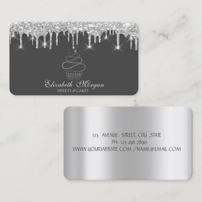 Glitter Drips Silver Cupcake Bakery  Visitkort (Fram/baksida)
