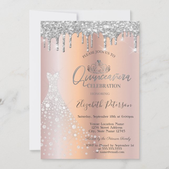Glitter Drips Silver Diamond Klänning Quinceañera  Inbjudningar (Framsida)