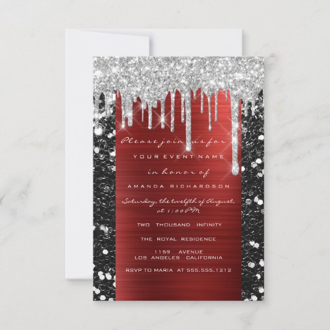 Glitter Drips Silver Red Black Möhippa Sweet 16:e Inbjudningar (Framsida)