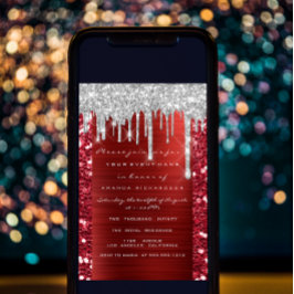 Glitter Drips Silver Red Ruby Möhippa Sweet 16:e Inbjudningar