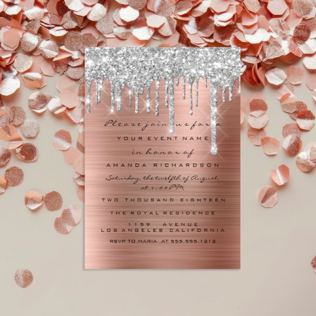 Glitter Drips Silver Ro Guld Möhippa Söt 16:e Inbjudningar (Glitter Drips Silver Rose Gold Bridal Sweet 16th Invitation)