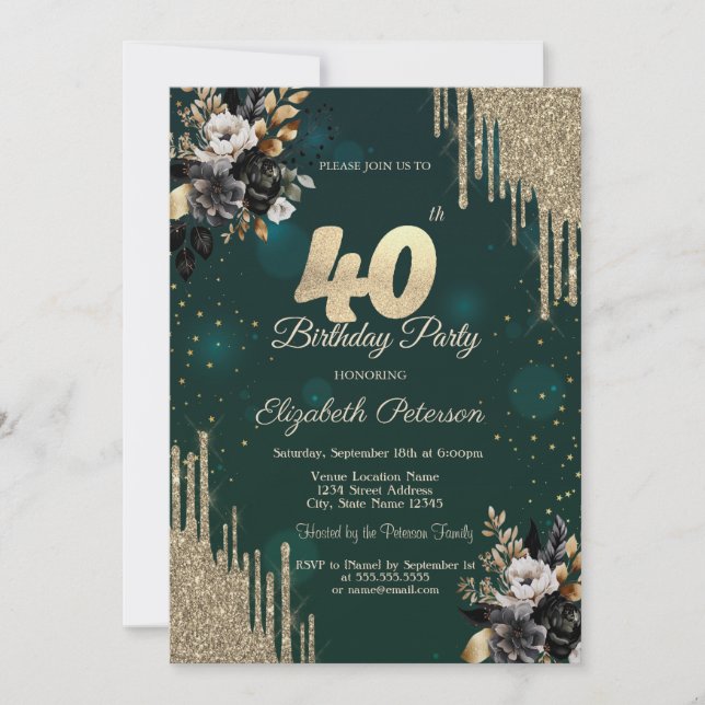 Glitter Drips Svarta Rosor Gröna 40-årsdag  Inbjudningar (Framsida)