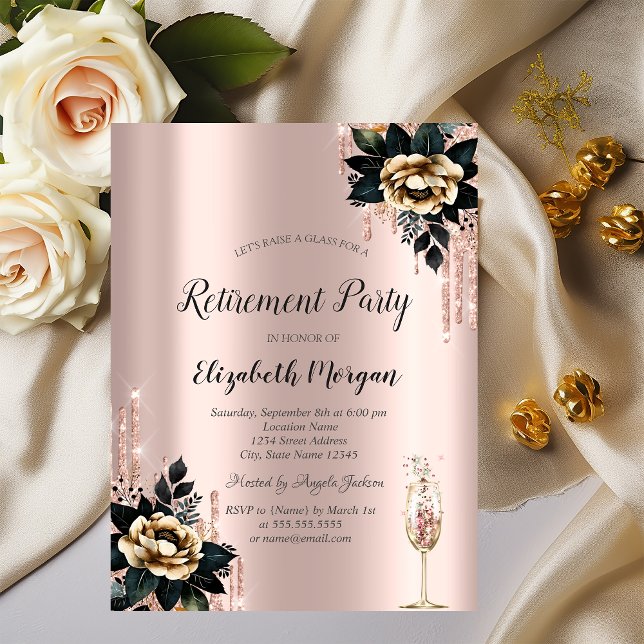 Glitter Drips, Svarta Rosor Rose Gold Pension  Inbjudningar (Skapare uppladdad)
