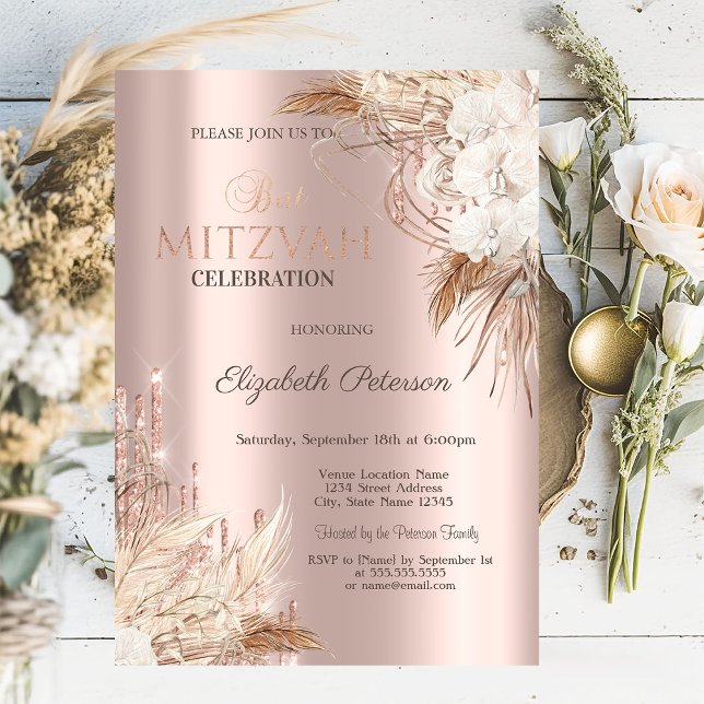 Glitter driver Boho Flowers Ro Guld Bat mitzvah Inbjudningar (Skapare uppladdad)