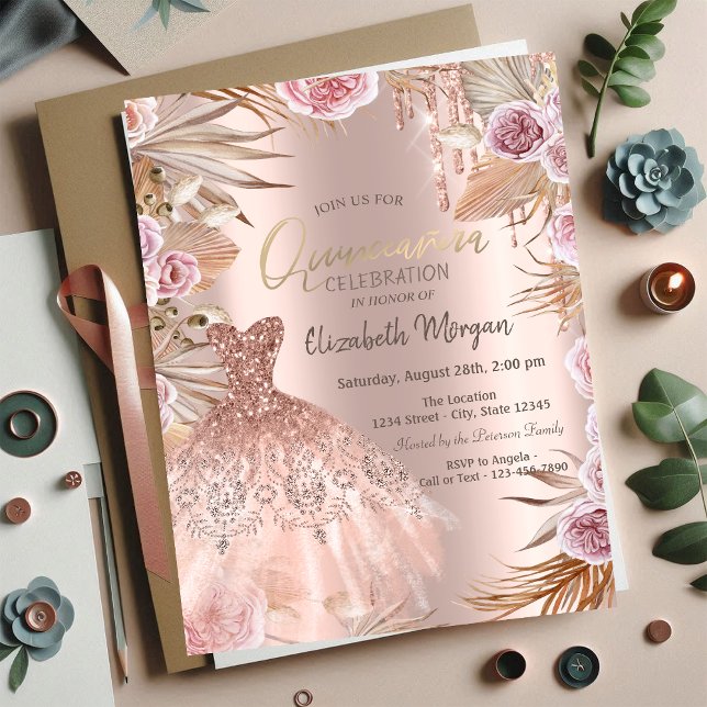 Glitter driver Pampas Flowers Quinceañera Inbjudningar (Skapare uppladdad)