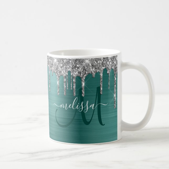 Glitter driver Teal Brushed Metall Monogram Kaffemugg (Höger)