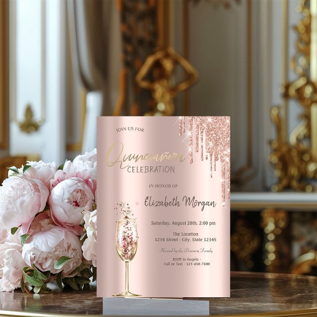 Glitter-drivmedel Champagne Glass Quinceañera Inbjudningar (Skapare uppladdad)