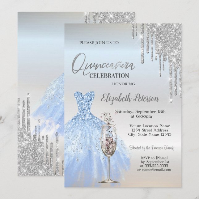 Glitter-drivmedel,pressrester,champagneglas Quince Inbjudningar (Fram/baksida)