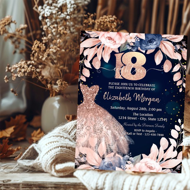 Glitter-drivrutiner i Blåa blommor 18:e födelsedag Inbjudningar (Skapare uppladdad)