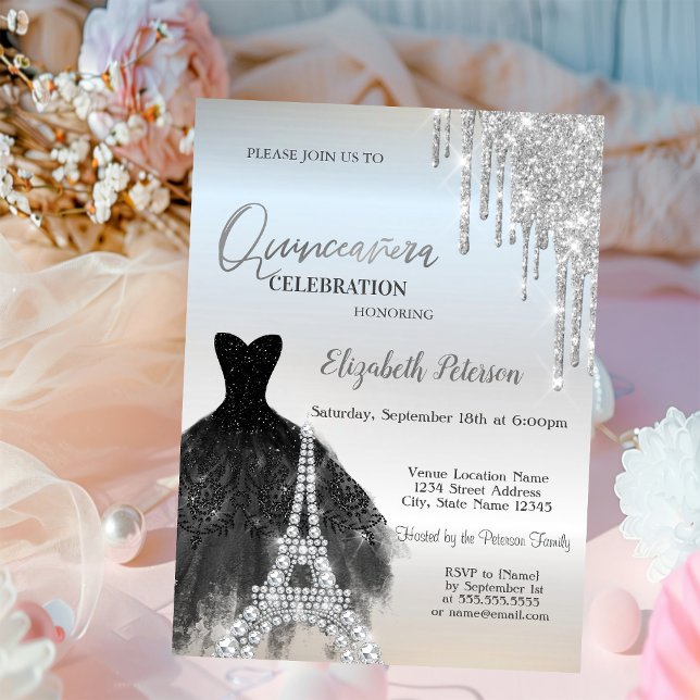 Glitter-drivrutiner,Svart kruka,Eiffel Quinceañera Inbjudningar (Skapare uppladdad)