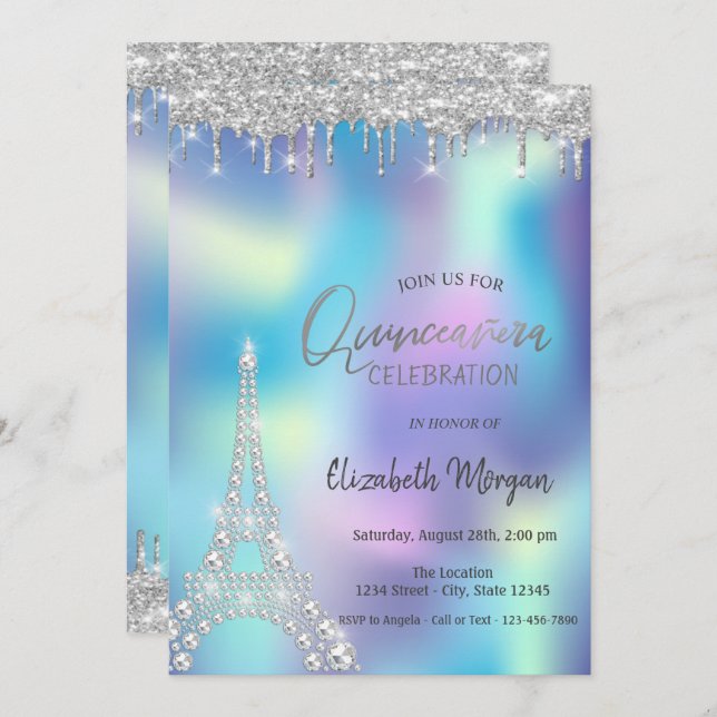 Glitter Drop Diamonds Eiffel Torn Quinceanera Inbjudningar (Fram/baksida)