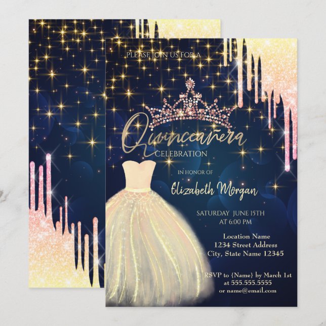 Glitter Drop Tiara Klänning Marinblå Quinceañera  Inbjudningar (Fram/baksida)