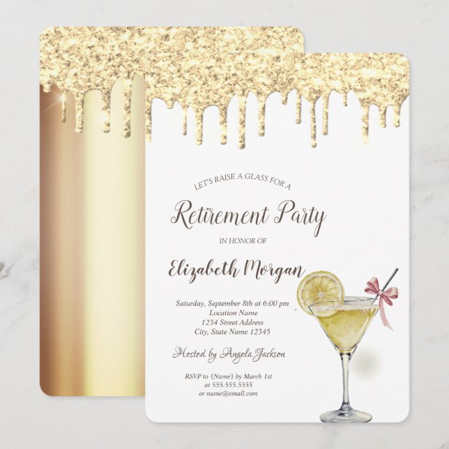 Glitter Droppar Cocktail Lemon Pension Inbjudningar (Fram/baksida)