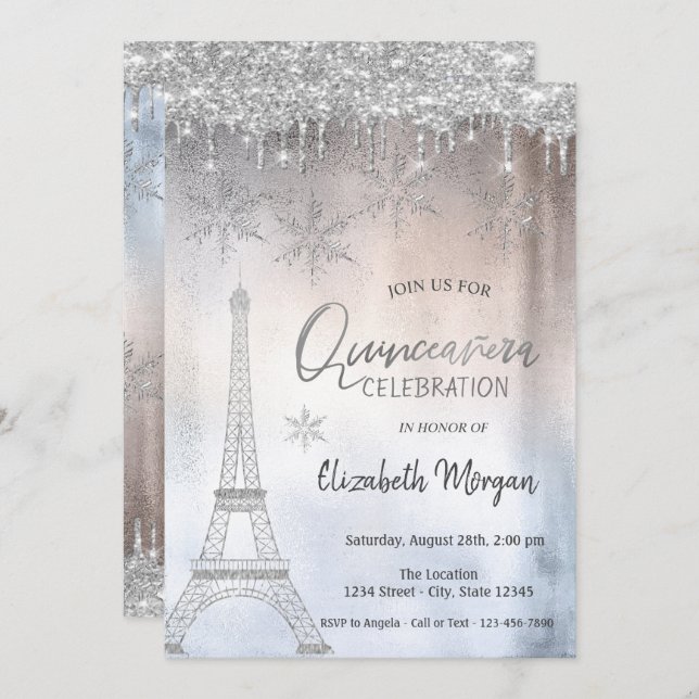 Glitter droppar Eiffel Torn Snöflingor Quinceañera Inbjudningar (Fram/baksida)