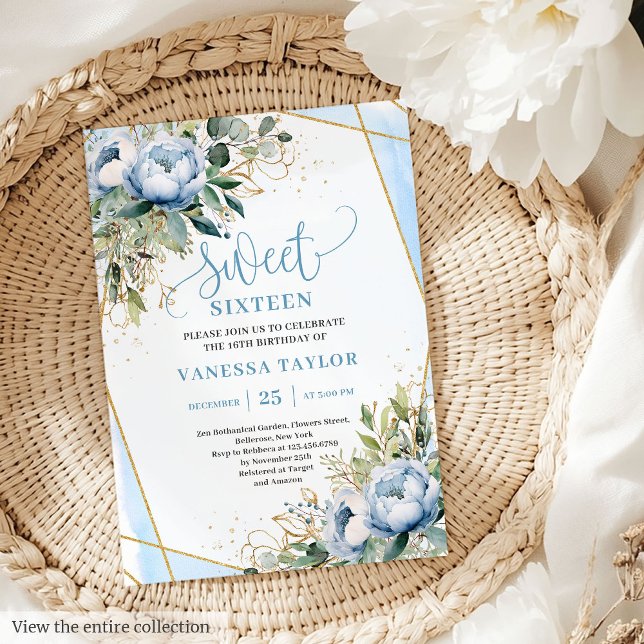 Glitter Dusty Blue White Guld Flowers Sweet 16 Inbjudningar (Glitter Dusty Blue White Gold Flowers Sweet 16 Invitation)