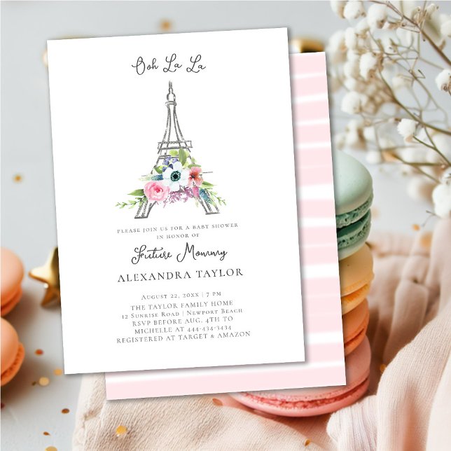 Glitter Eiffel Paris Blommigt Rosa Girl Baby Showe Inbjudningar (Skapare uppladdad)