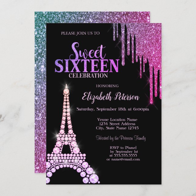 Glitter, Eiffel Torn Black Sweet 16 Inbjudningar (Fram/baksida)