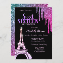 Glitter, Eiffel Torn Black Sweet 16 Inbjudningar