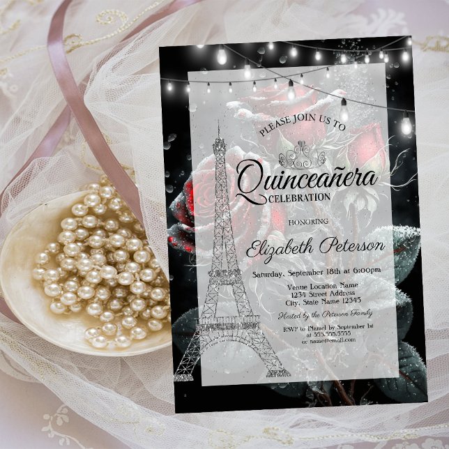 Glitter Eiffel Torn,Mörk Ro droppar Quinceañera Inbjudningar (Skapare uppladdad)