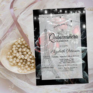 Glitter Eiffeltorn, Mörka rosdroppar Quinceañera Inbjudningar