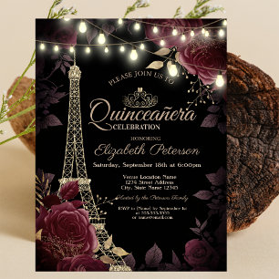 Glitter Eiffeltorn, Mörka Rosor Quinceañera Inbjudningar