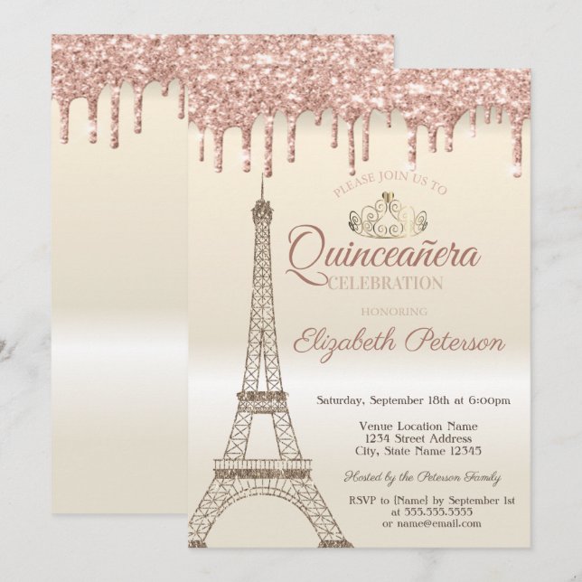 Glitter Eiffeltorn,Tiara,Dropar Quinceañera Inbjudningar (Fram/baksida)