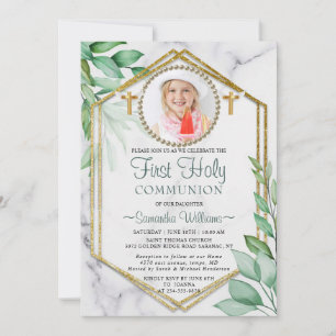 Glitter Elegant Eucalyptus Photo First Communion Inbjudningar