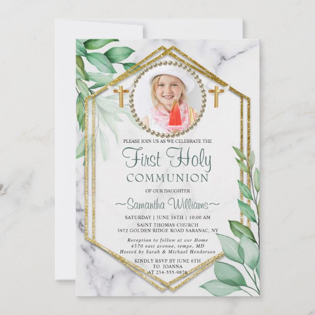 Glitter Elegant Eucalyptus Photo First Communion Inbjudningar (Framsida)