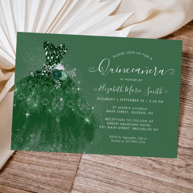 Glitter Emerald Grönt Silver Dress Quinceanera Inbjudningar (Skapare uppladdad)