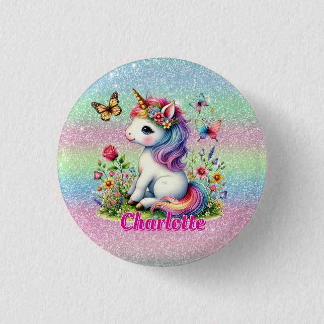 Glitter enhörning äng vilda blommor  knapp (Framsida)