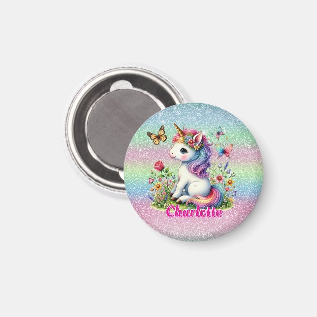 Glitter enhörning äng vilda blommor  magnet (Front/Back)