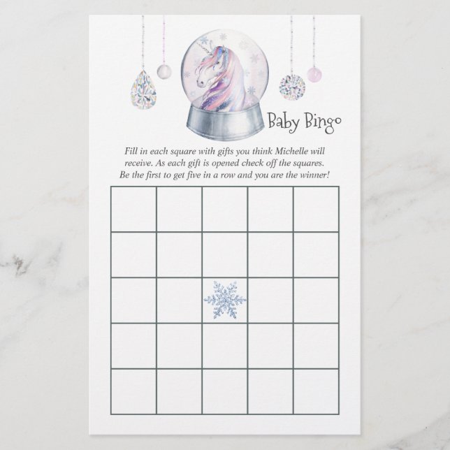 Glitter Enhörning Jul Bebis Shower Bingo (Framsida)