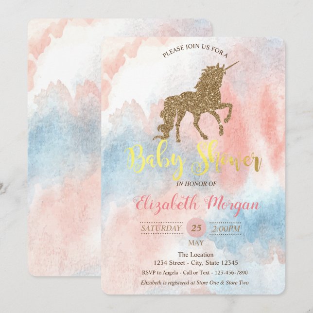 Glitter Enhörning, Vattenfärg Baby Shower Inbjudan (Fram/baksida)