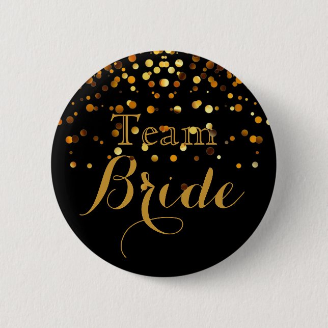 Glitter Faux Foil Bröllop Team Bride Black Guld Knapp (Framsida)