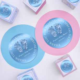 Glitter Feet Baby Shower Favor Tack Blue Boy Runt Klistermärke