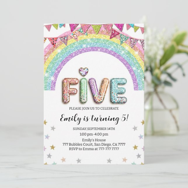 Glitter FIVE Girlaktig Regnbåge Paillett 5-årsdag Inbjudningar (Stående Fram)