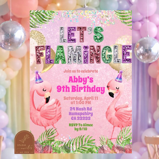 Glitter Flamingle Sequin Flick Födelsedag  Inbjudningar (Skapare uppladdad)