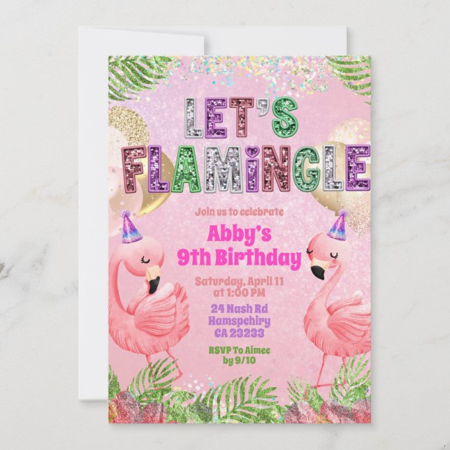 Glitter Flamingle Sequin Girl Birthday  Inbjudningar (Framsida)