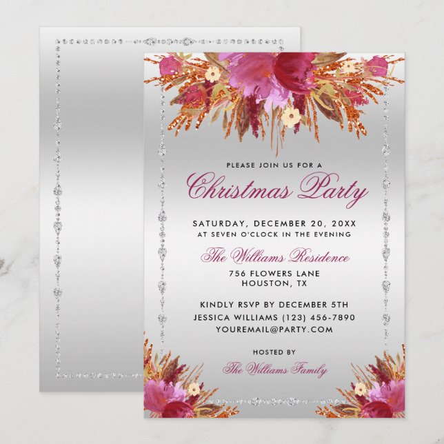 Glitter Flowers, Diamond Framed jul Party in i Inbjudningar (Fram/baksida)