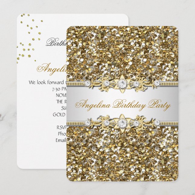 Glitter Födelsedagsfest Guld Juvel Diamant Inbjudningar (Fram/baksida)